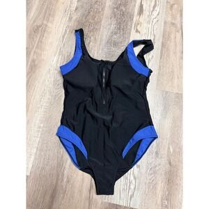 Donatella Sport Womens One‎ Piece Swimsuit Black Blue Colorblock Zip  Scoop SM